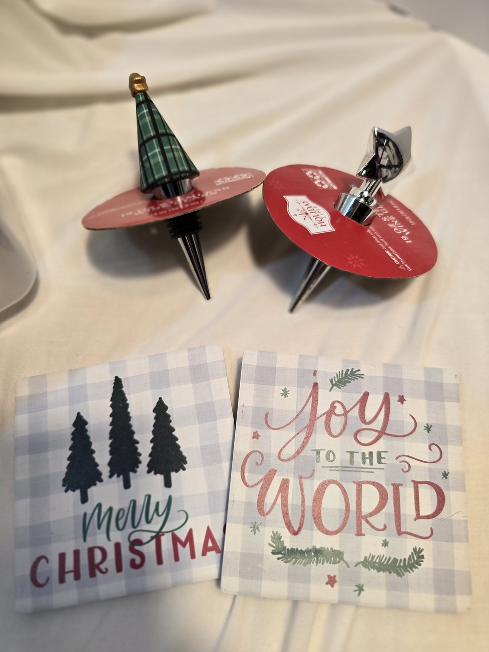 Holiday Time Wine Stoppers And 2 Holiday Coasters